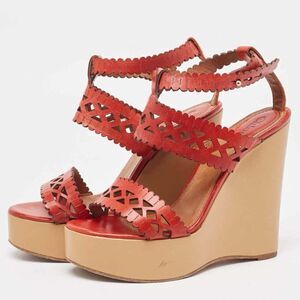 Chloe Red Laser Cut Leather Wedge Platform Ankle Strap Sandal